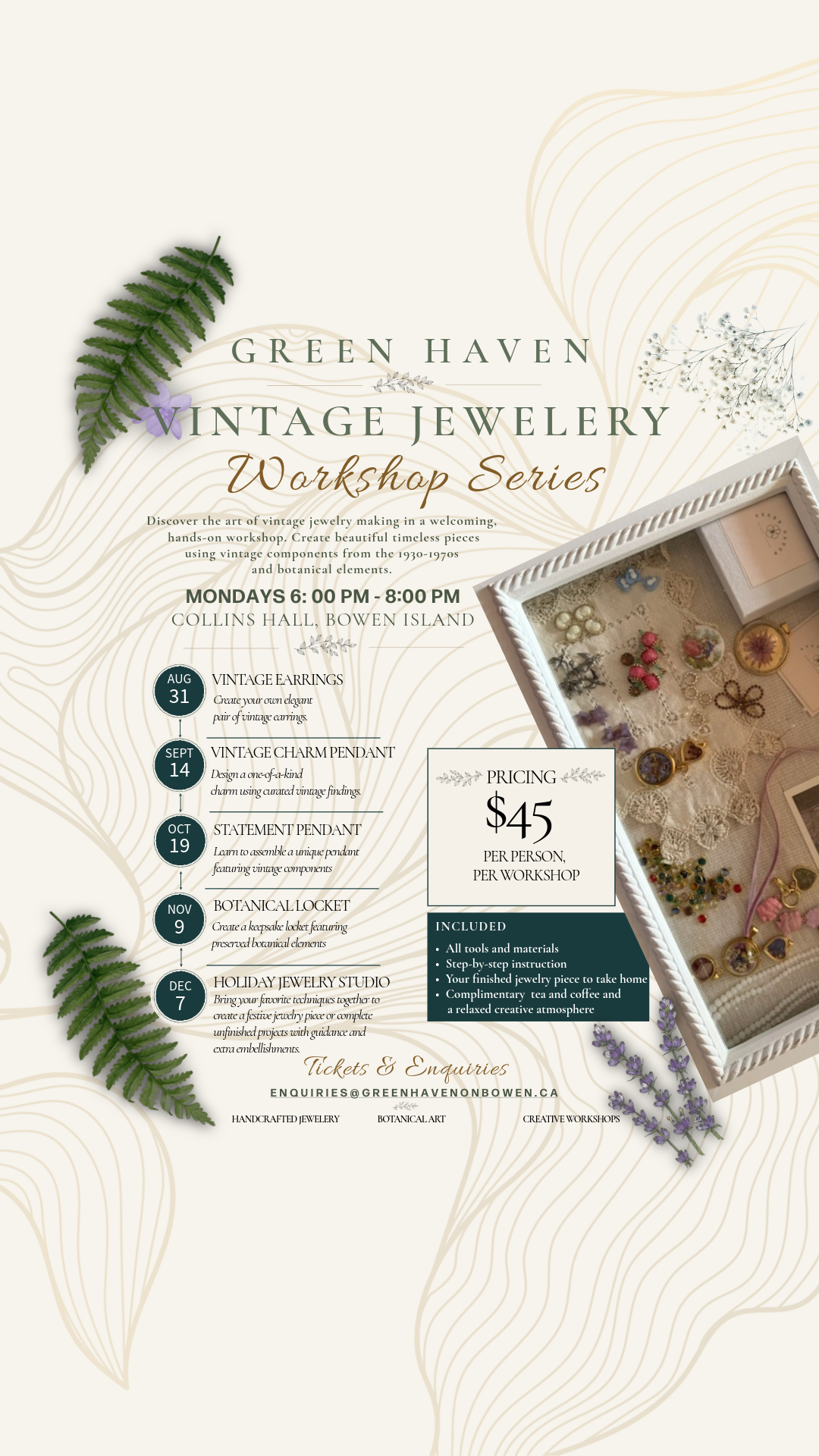 Event poster for Green Haven Vintage Jewelry Workshop Series, featuring floral decorations and a display of jewelry-making supplies, details schedule, pricing, and contact information.