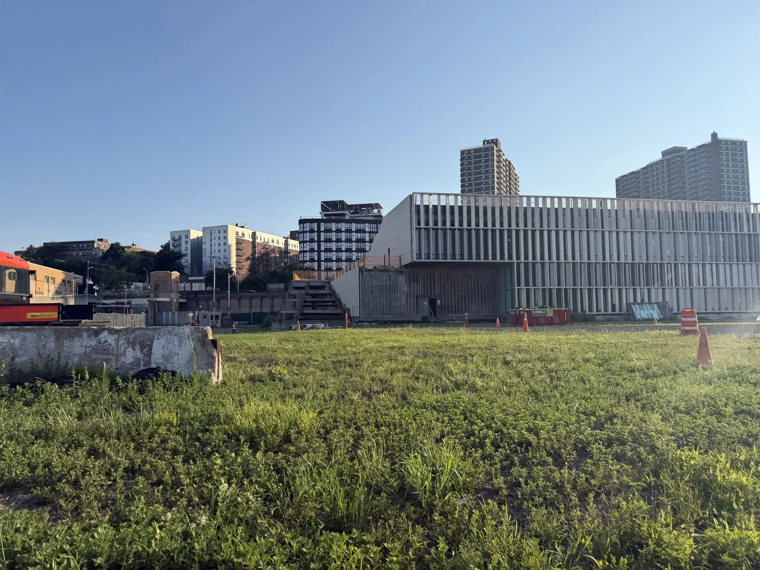 Urban cityscape with high-rise buildings under a clear blue sky, view from a patch of grass with some orange construction cones in the foreground.