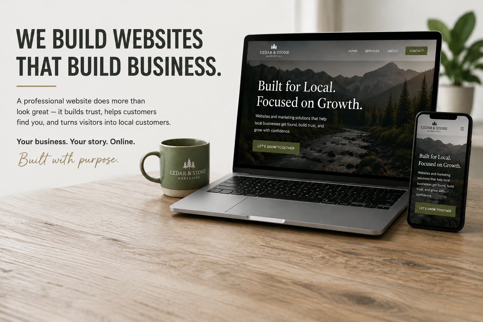 Website marketing agency homepage on a laptop and smartphone on a wooden table, with a green coffee mug and indoor plant in the background.