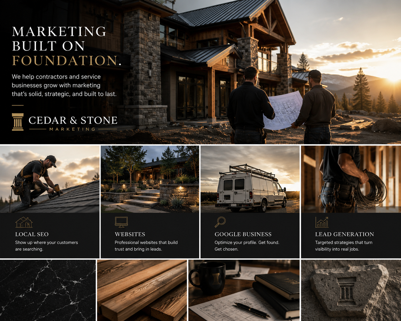 A marketing company called Cedar & Stone Marketing showcasing construction and marketing services. The main image shows two workers reviewing blueprints outside a large house during sunset. Additional images include a worker installing roofing, a landscaped front entrance, a service van, and a worker handling electrical wires. The bottom section highlights services like local SEO, website development, Google business profile optimization, and lead generation, with related images of marble, wood, a coffee mug with the company logo, and stone craftsmanship.