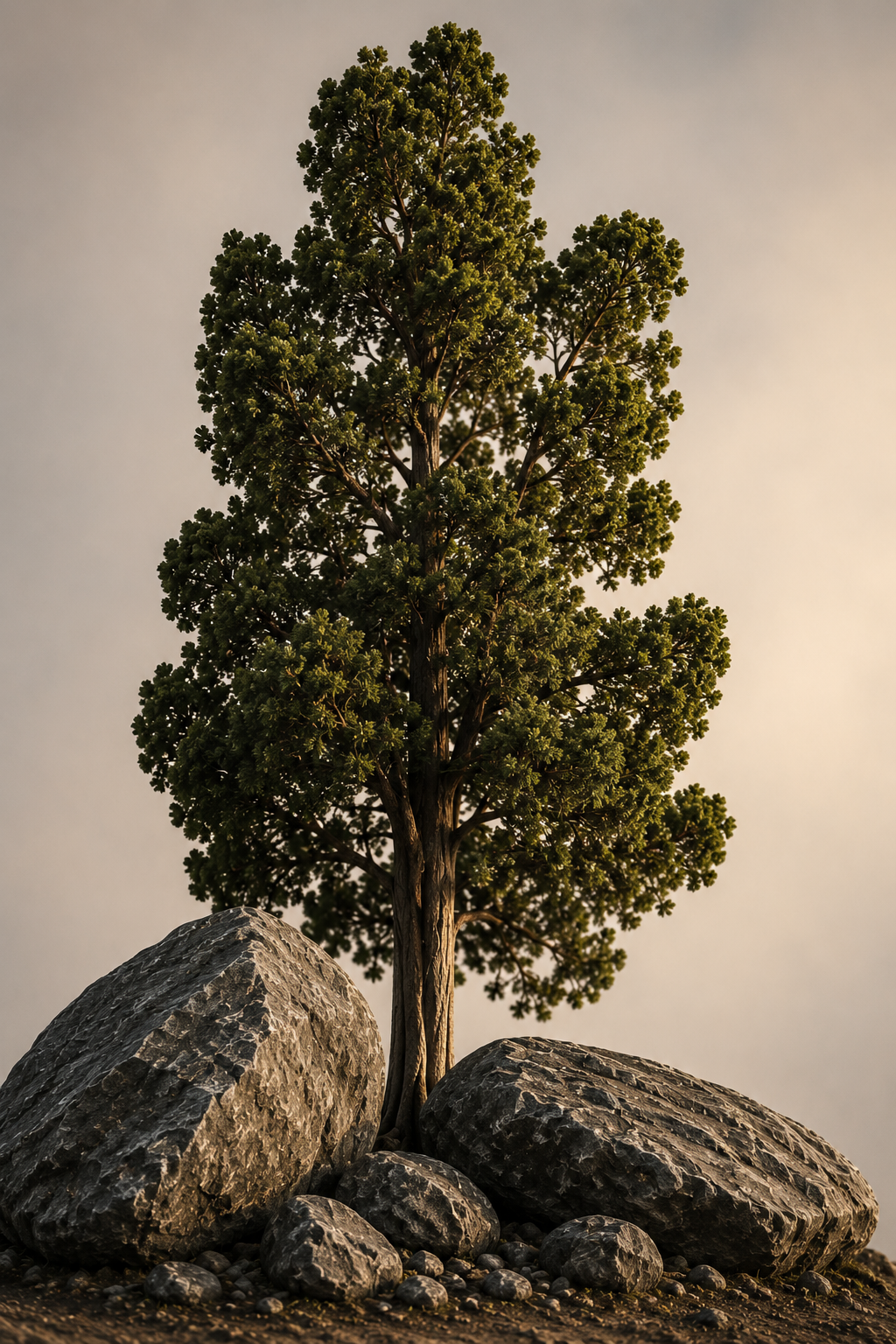 A tall green tree grows between large rocks and smaller stones under a cloudy sky.