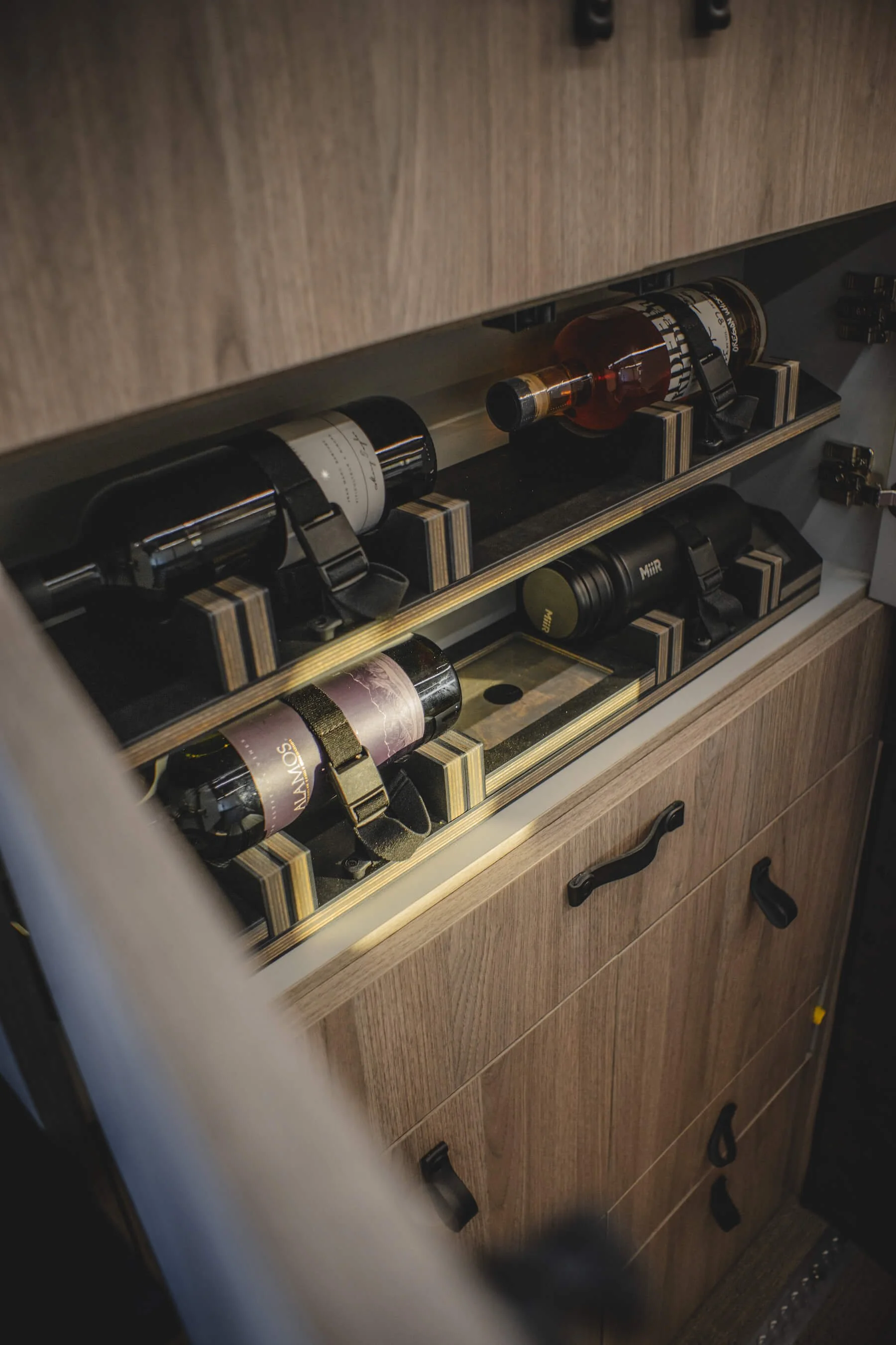 Custom Wine and Spirit Bottle Holder in HWA Custom Built Sprinter 170 Van