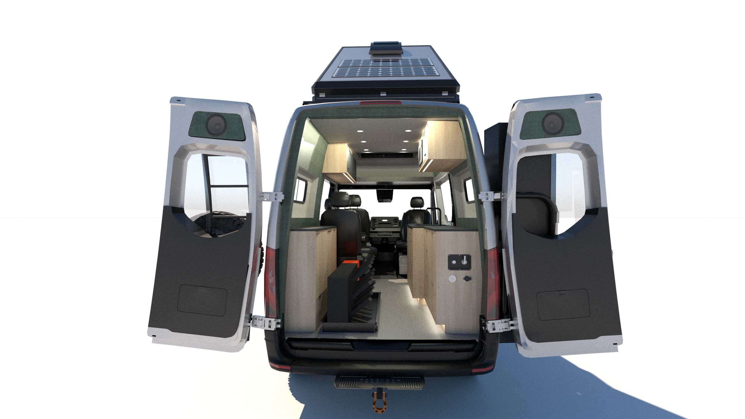 A 3D render of a 144 silver sprinter van with a super pacific, cloud cap, roof top tent. Rear view image with the doors open showcasing the interior.