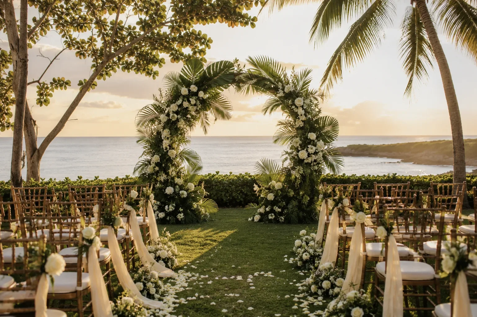 Wedding ceremony with a floral arch by the sea