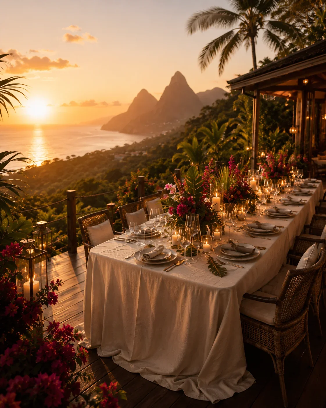 Outdoor dinner table with candles and flowers overlooking a sunset over the ocean