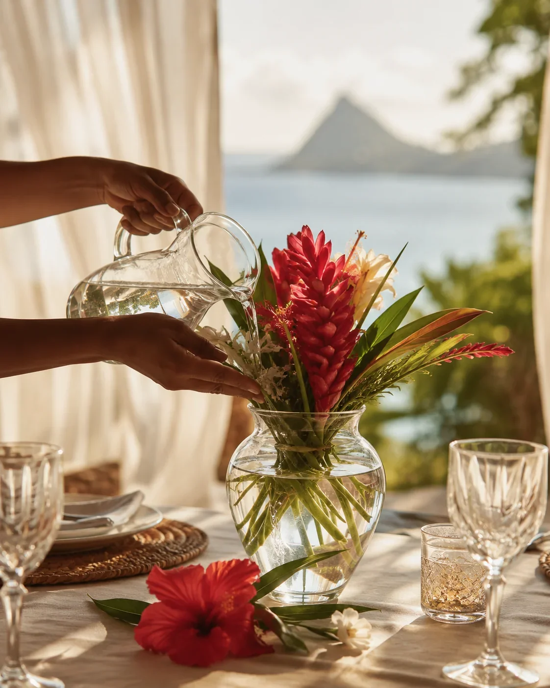 Styling a tropical floral arrangement for an event, with an ocean view in Saint Lucia