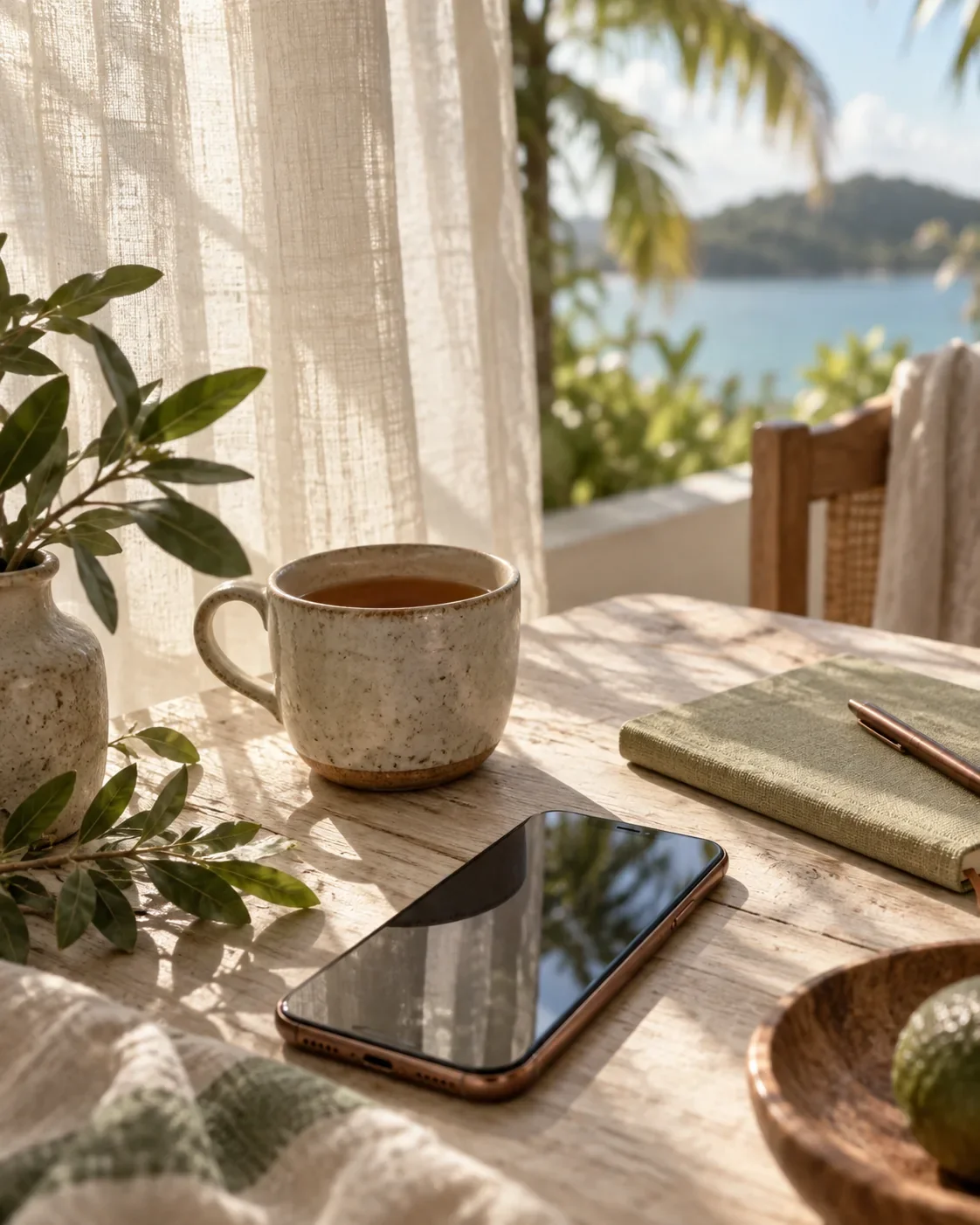 Cozy wooden table with a cup of tea and a notebook by a window with a sea view