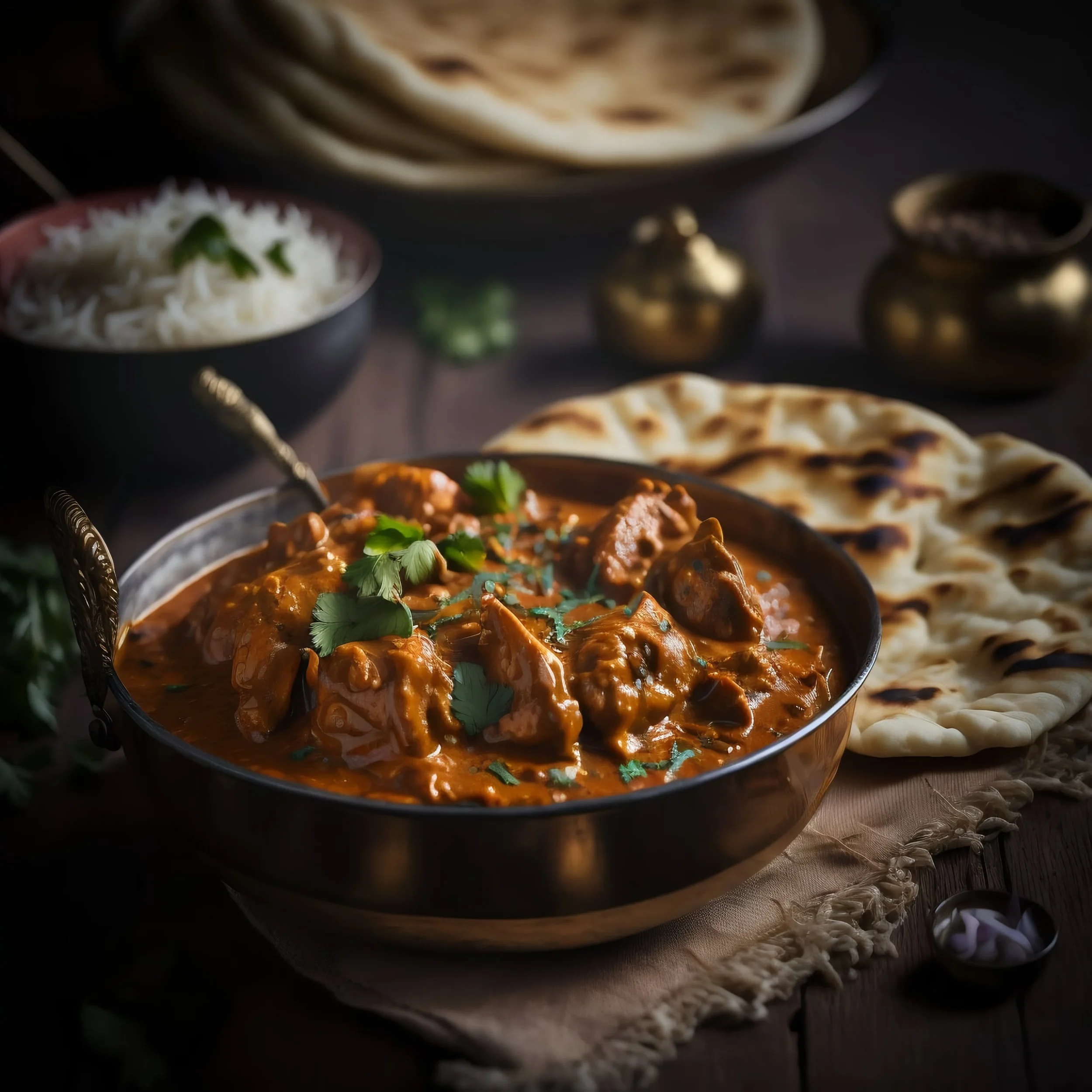 Indian curry with rice and naan served with metal containers and a golden spoon