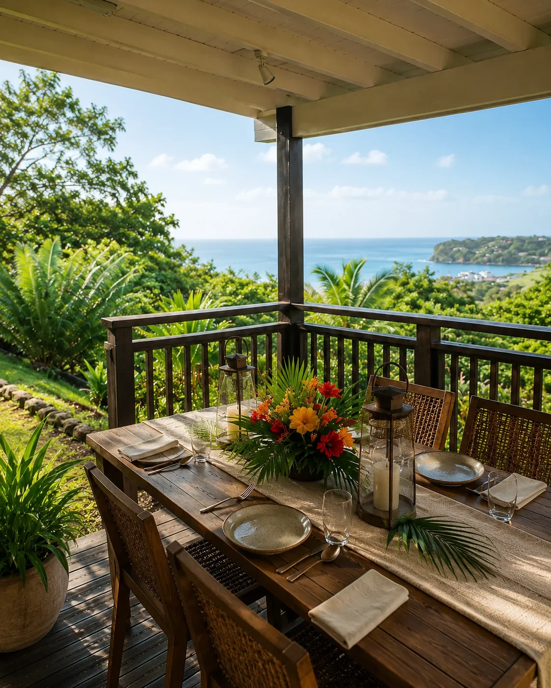 Elegant porch dining table set for an event, overlooking greenery and the sea in Saint Lucia