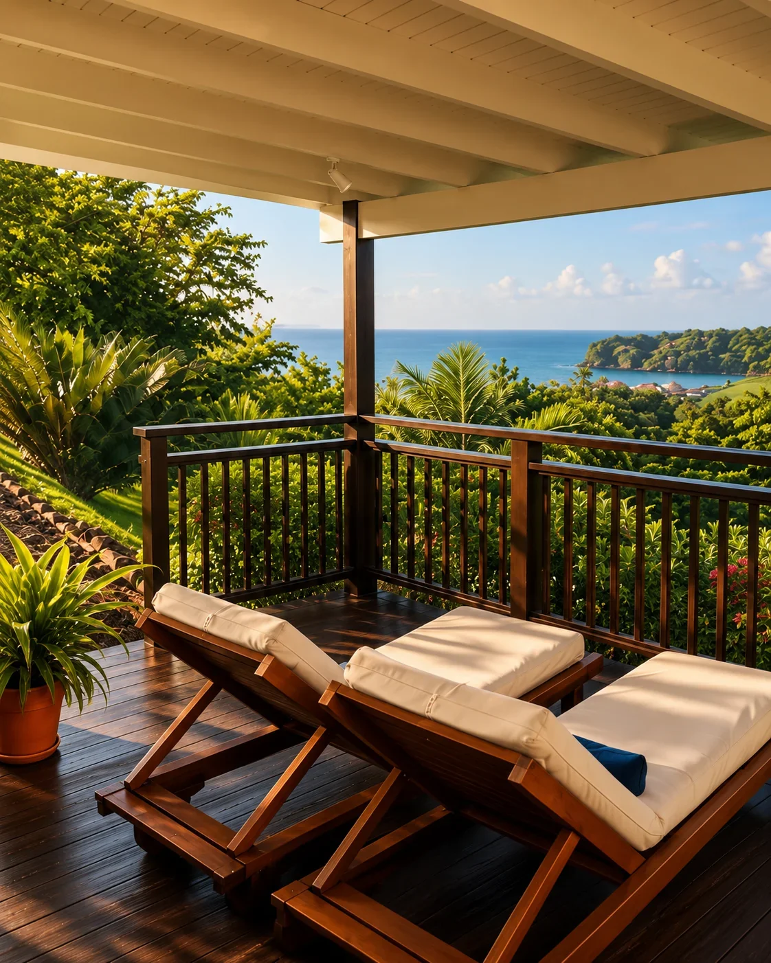 Balcony with lounge seating overlooking the ocean in Coubaril, Saint Lucia