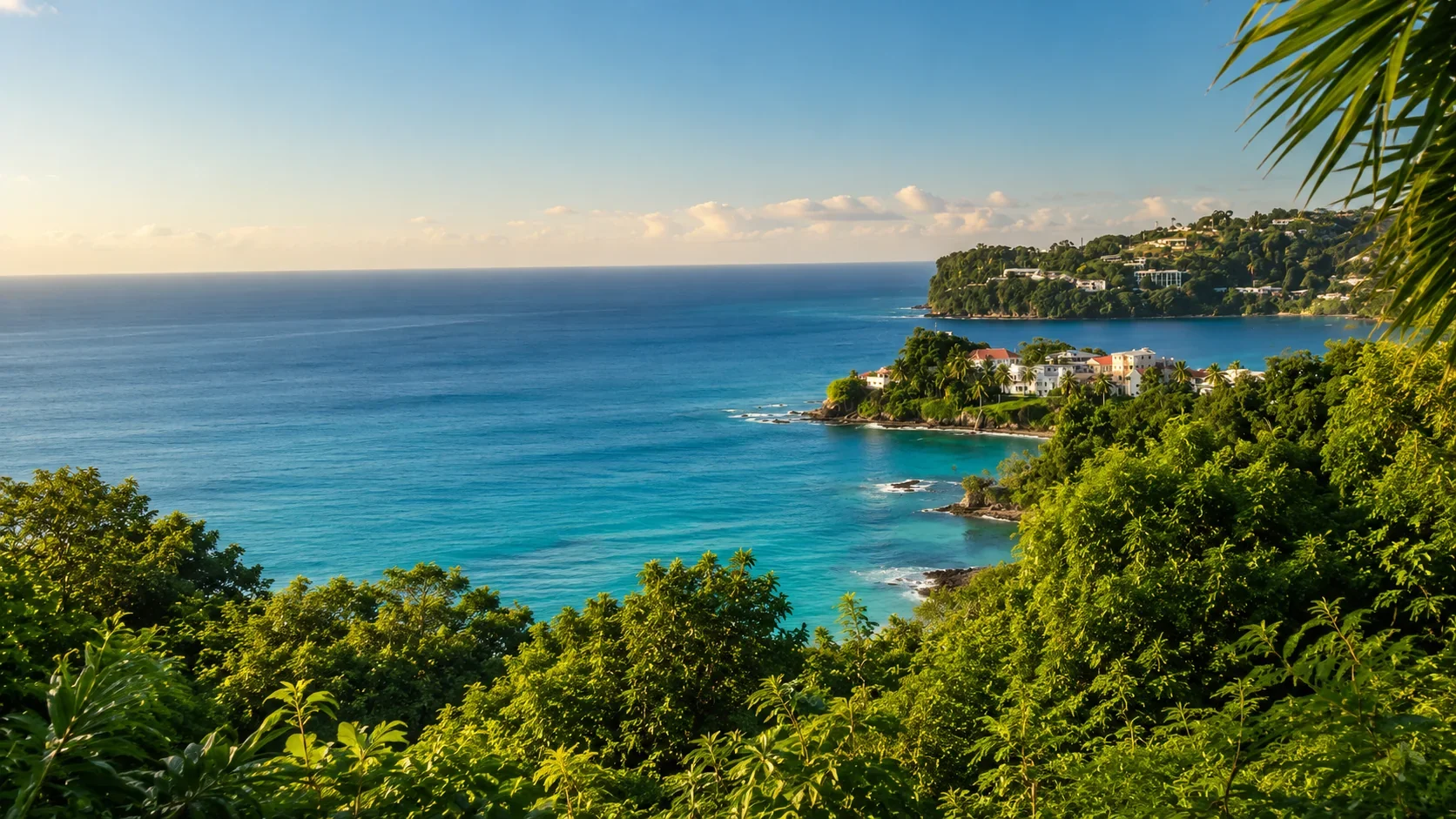 Blue Caribbean coastline and green hills near Coubaril, Saint Lucia