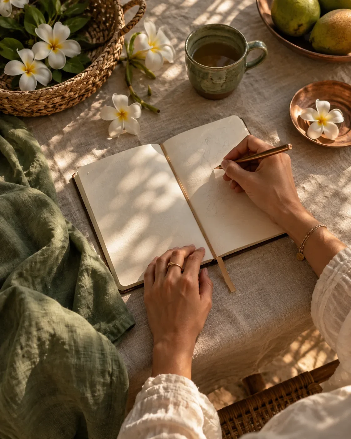 Person writing in a notebook at a table with flowers and tea, outdoors in dappled sunlight