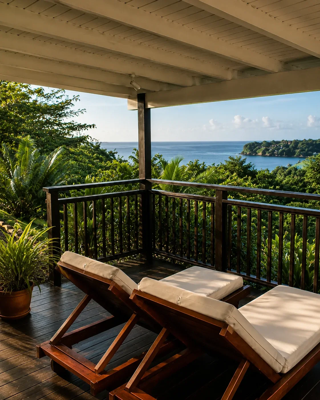Private balcony with cushioned seating and a view over Coubaril, Saint Lucia