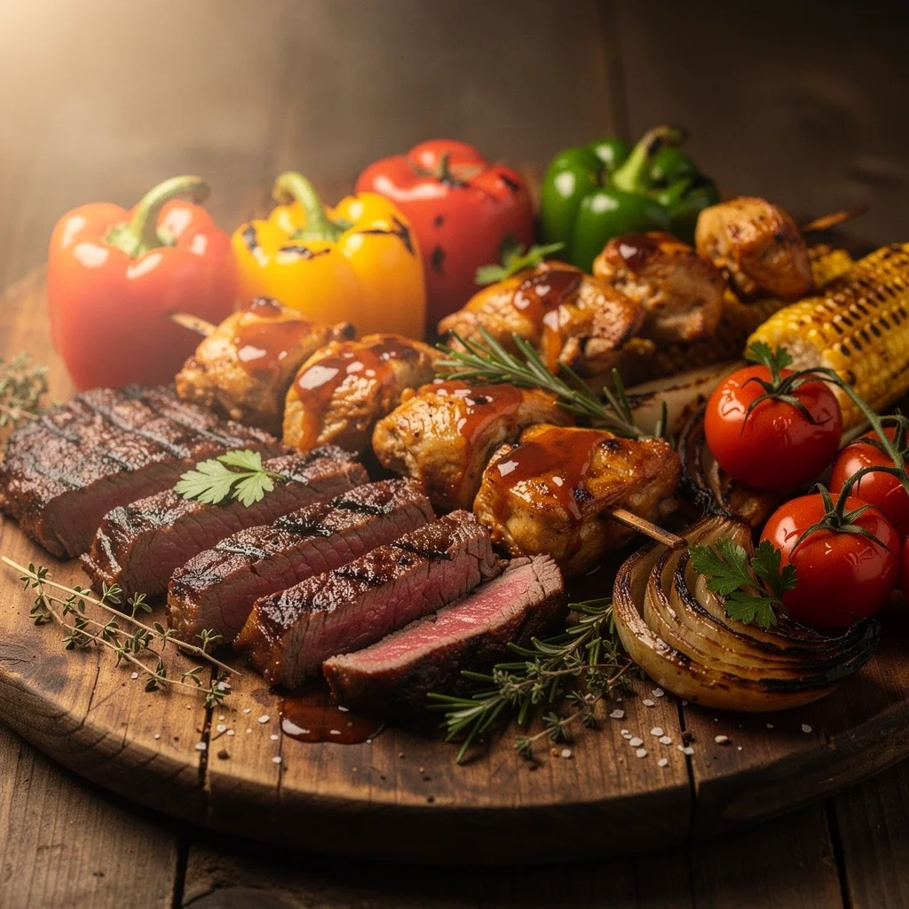 Grilled steak, chicken skewers and roasted vegetables on a wooden serving board