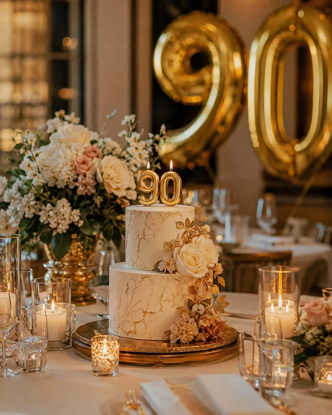 Elegant 90th birthday celebration table with a cake and golden balloon decorations