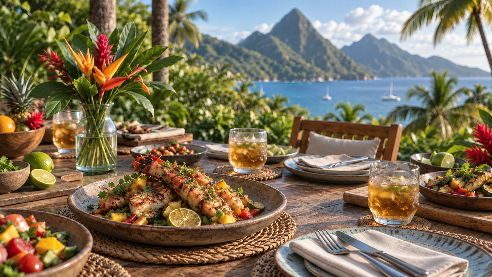 Outdoor dining table with grilled shrimp and salads, overlooking the sea and mountains
