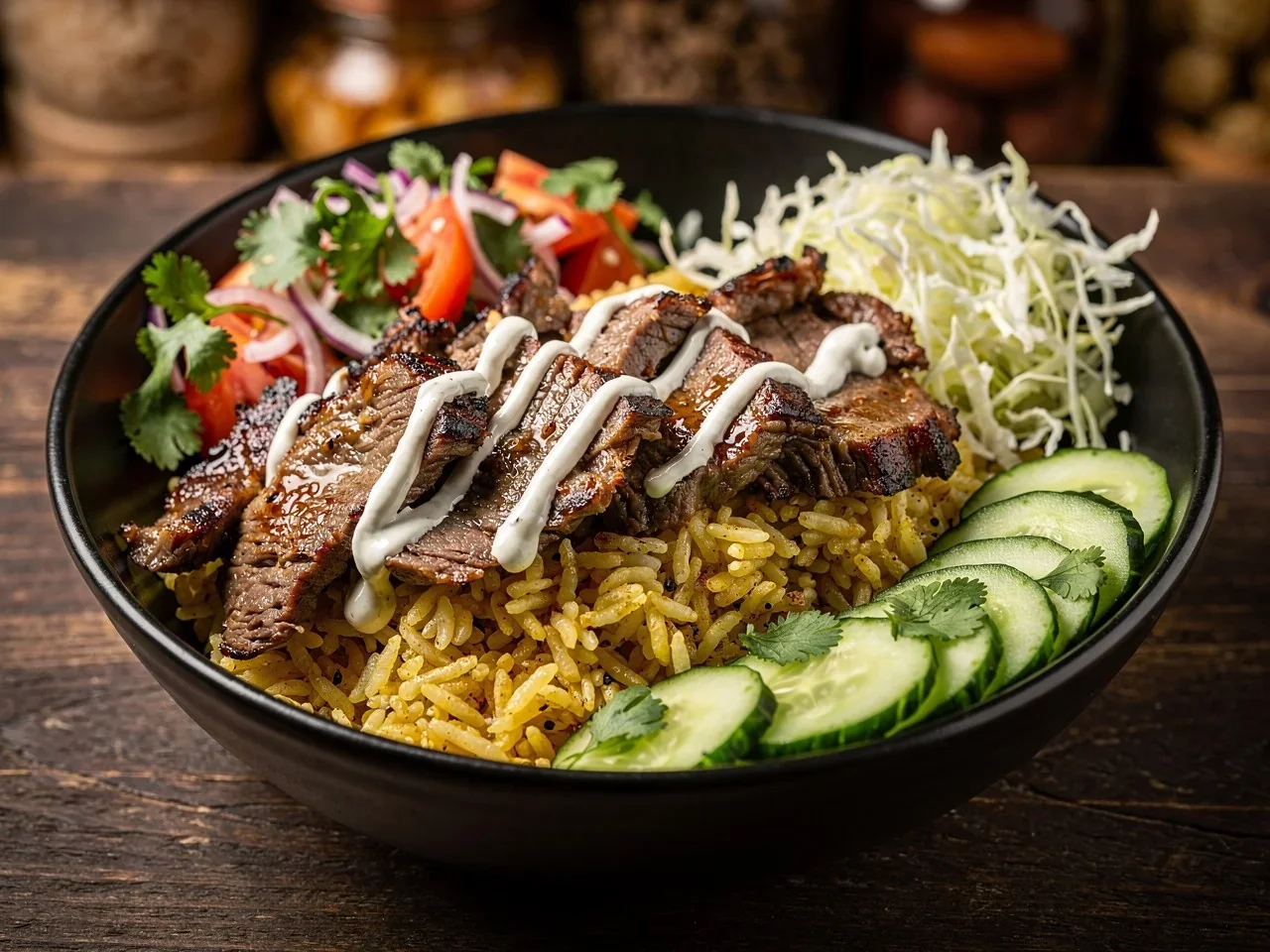 Rice bowl topped with grilled beef, fresh salad and white sauce
