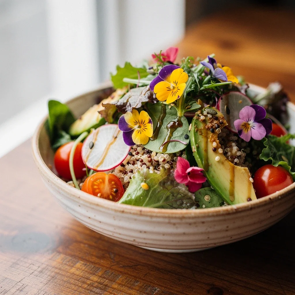 Colourful fresh salad with cherry tomatoes, radishes, avocado and edible flowers