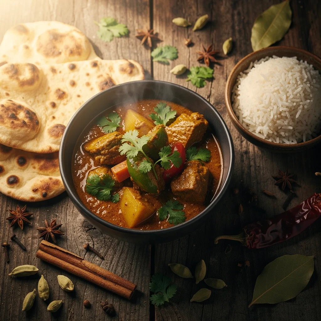 Indian-style beef curry with rice and naan on a rustic wooden table