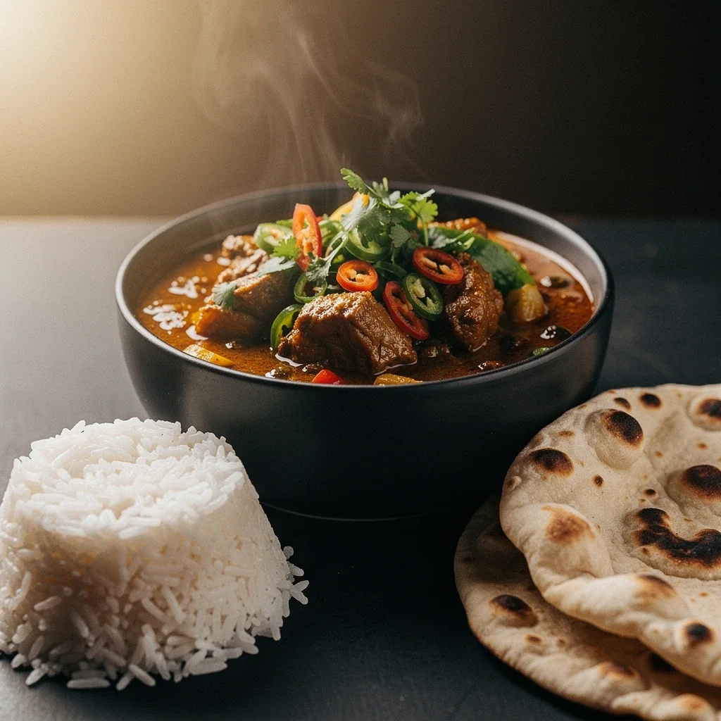 A black bowl of steaming curry with chunks of beef, garnished with sliced red and green chili peppers and cilantro, served with a mound of white rice and a piece of naan bread.
