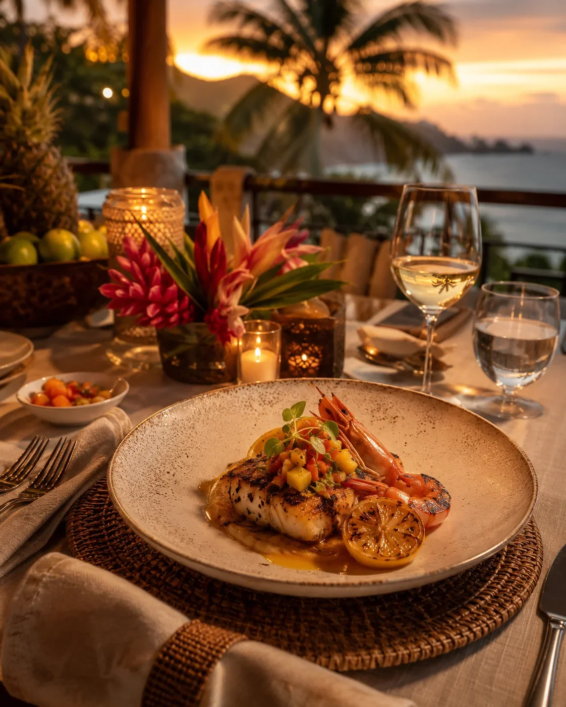 Outdoor dinner table set at sunset with a grilled seafood dish and sea view