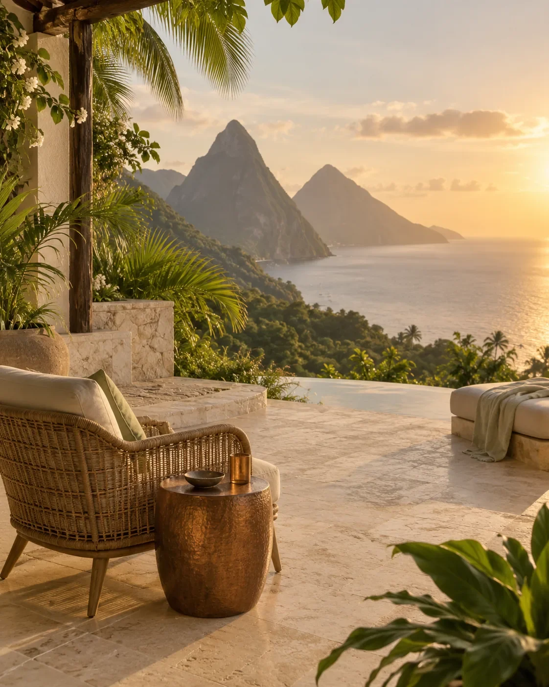 Seaside patio with lounge seating overlooking green mountains and ocean at sunset