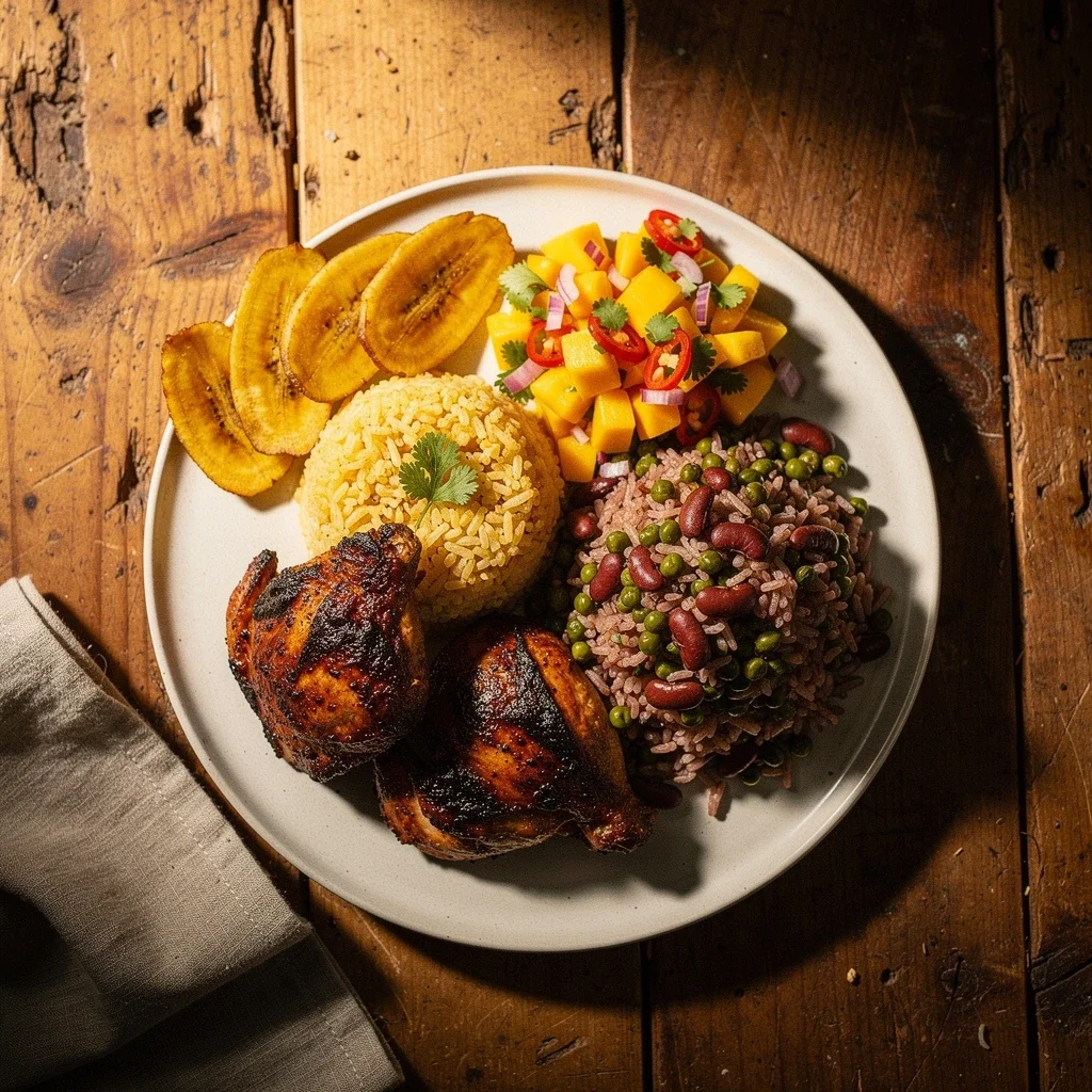 Grilled chicken with yellow rice, fried plantains and mango salsa