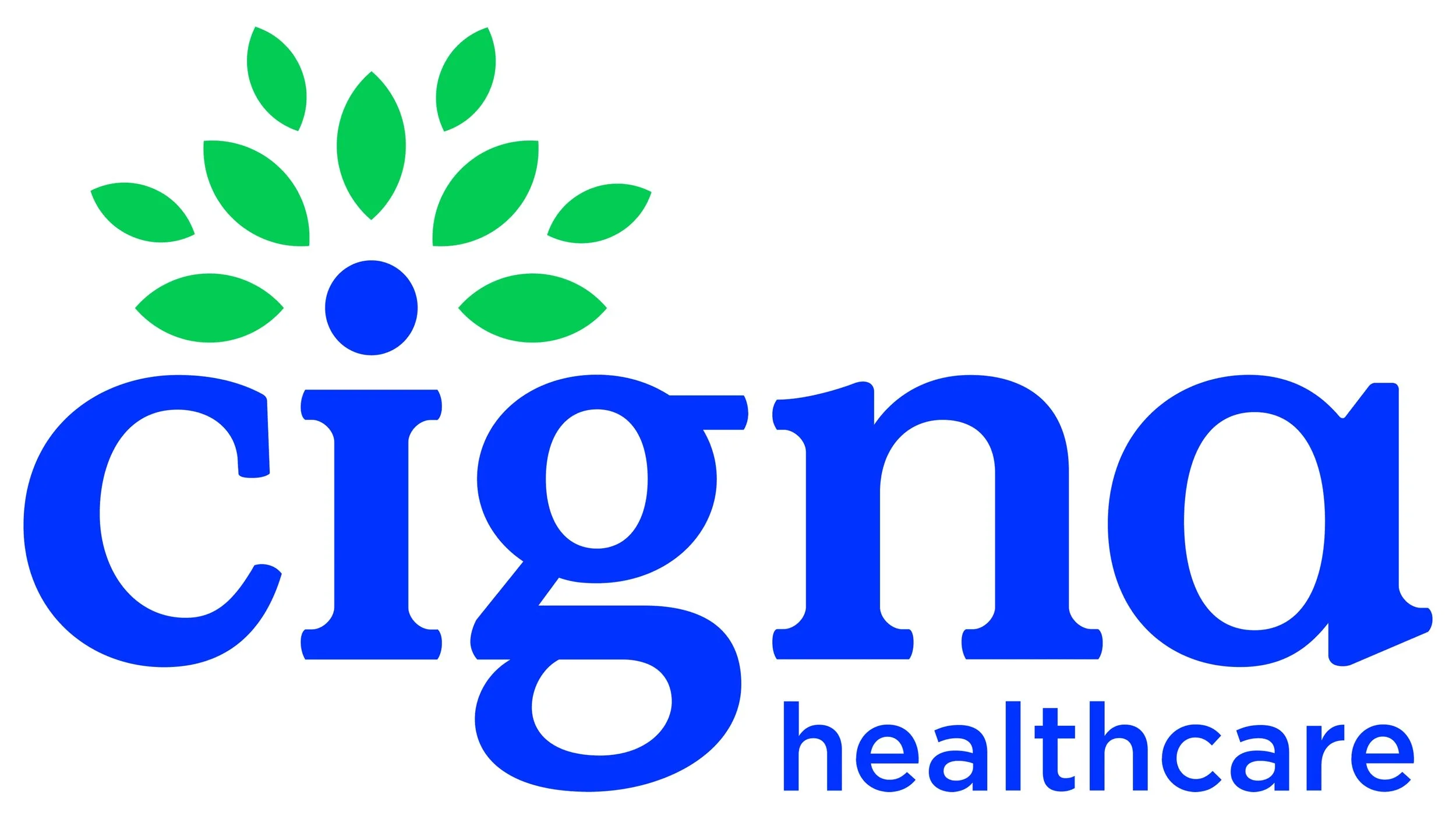 Logo with a green stylized plant above the blue word 'Cigna' and the word 'healthcare' written in smaller blue letters underneath.