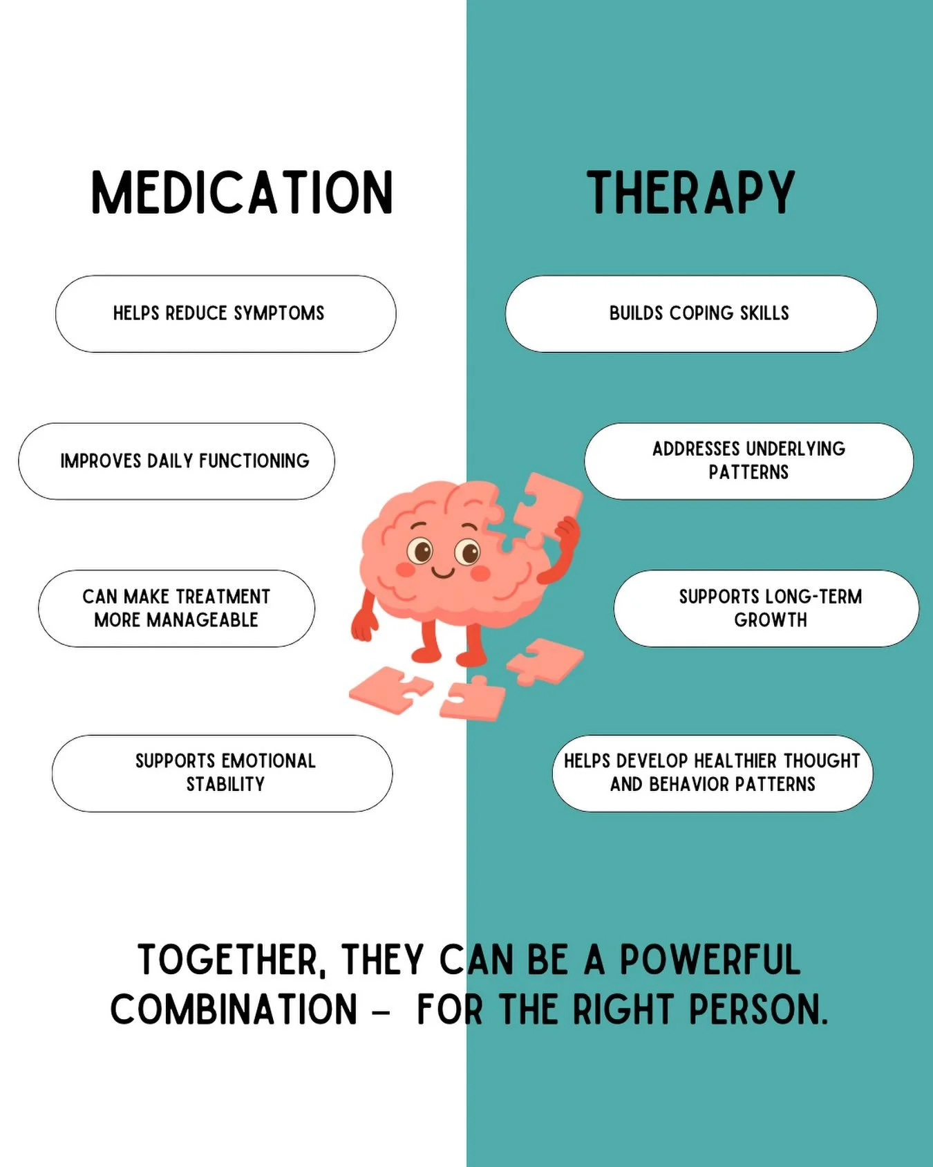 Therapy and medication aren&rsquo;t competing treatments&mdash;they often work together. 🤍

Medication can help reduce symptoms, while therapy helps you develop the skills and strategies to navigate life&rsquo;s challenges.

For some people, therapy