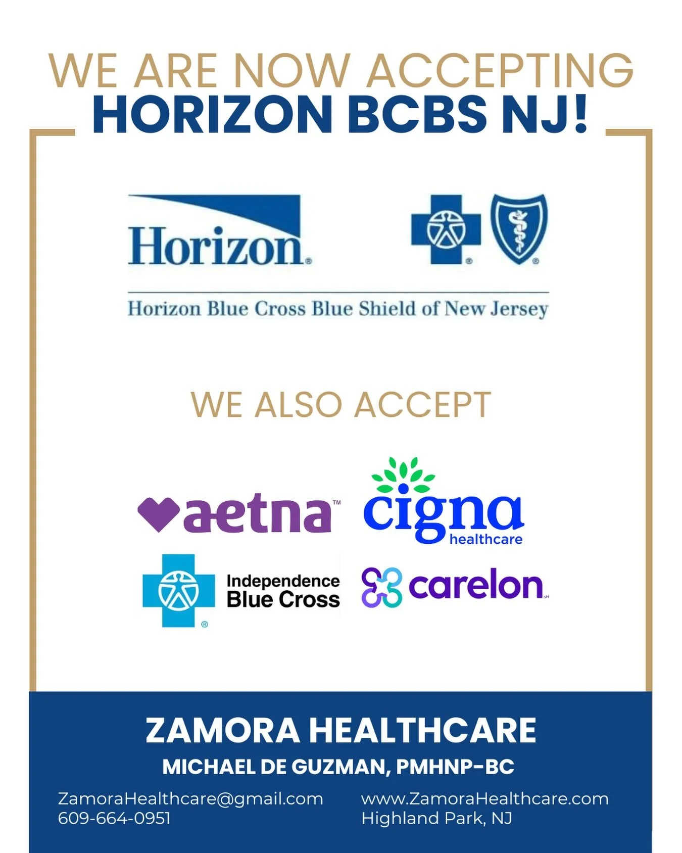 ✨ More insurance options at Zamora Healthcare! ✨

We&rsquo;re excited to announce that we are now accepting Horizon Blue Cross Blue Shield of New Jersey! 💙

We also accept:
&bull; Cigna
&bull; Carelon
&bull; Aetna
&bull; Independent Blue Cross of Pe
