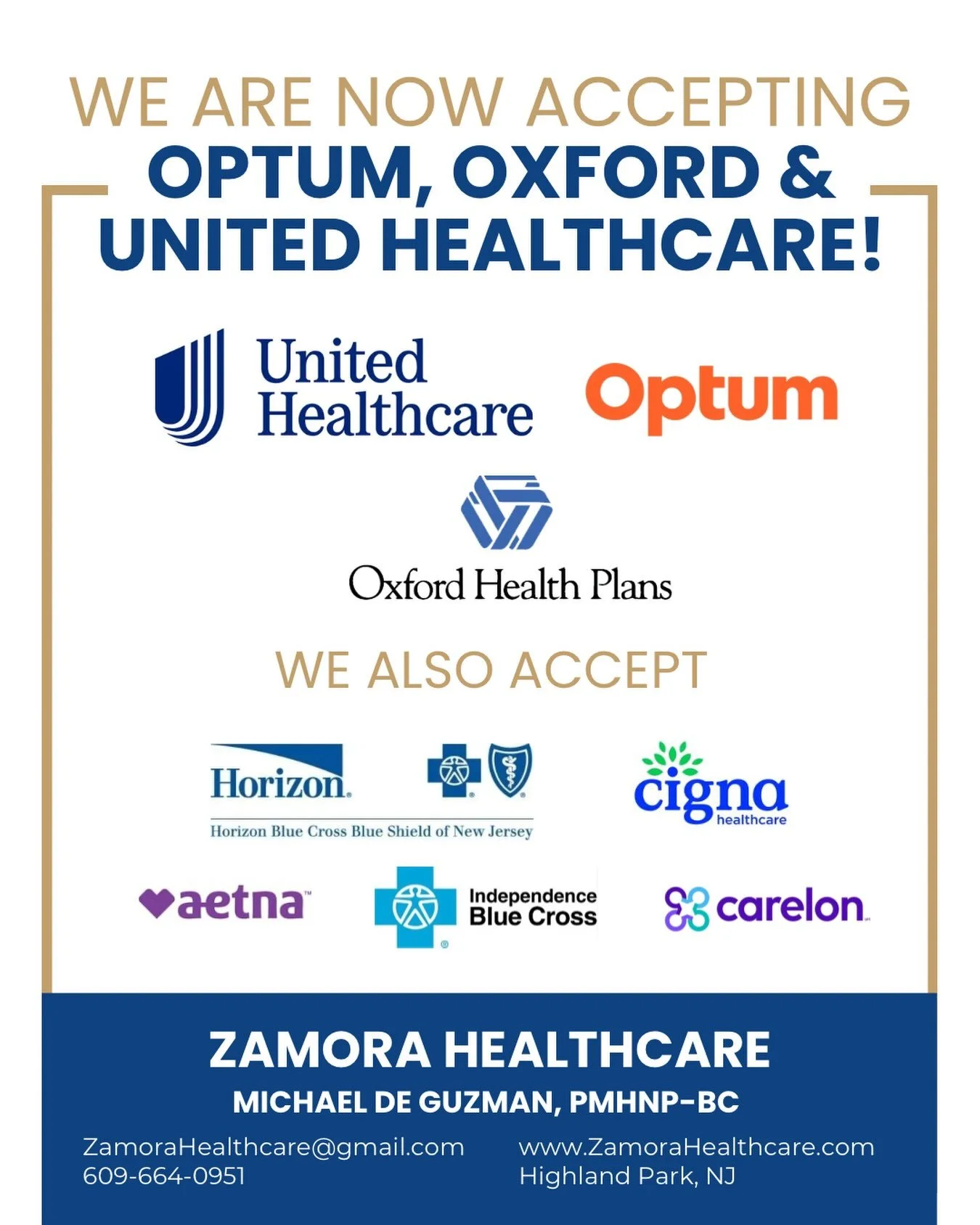 ✨MENTAL HEALTH CARE, NOW MORE ACCESSIBLE. ✨

Zamora Healthcare is expanding insurance coverage &mdash; making it easier to get the care you deserve.

NOW ACCEPTING
Oxford &bull; Optum &bull; UnitedHealthcare

ALSO ACCEPTING
Horizon BCBS NJ &bull; Aet