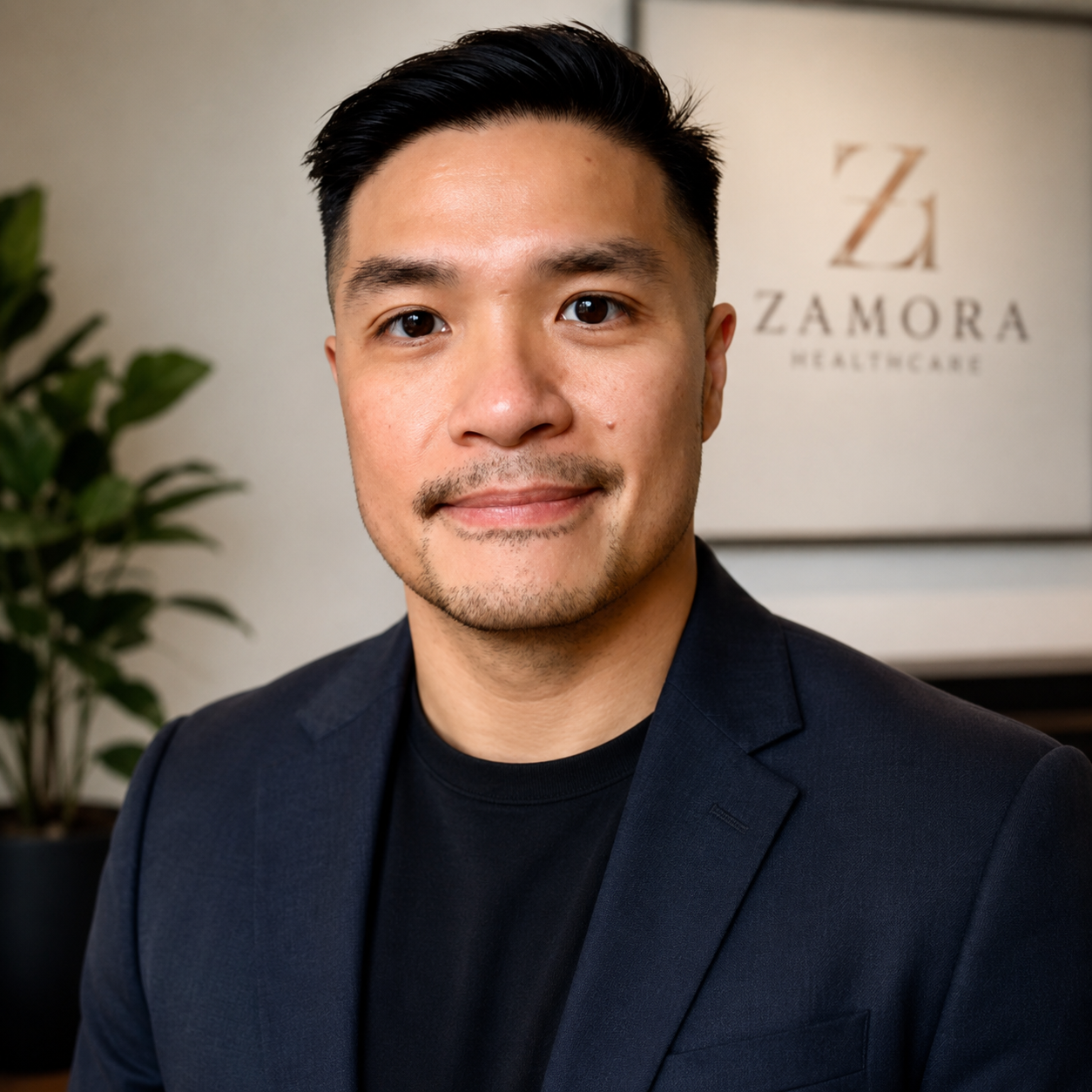 Professional man in black blazer and black shirt, smiling, in an office with a plant and a sign that says 'Zamora Healthcare' in the background.