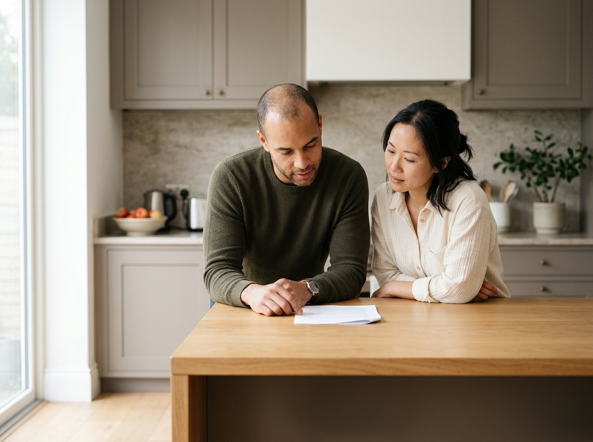 Two people, a man and a woman, are sitting at a kitchen counter looking at a piece of paper together.