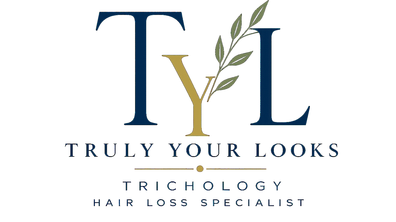 Logo for Truly Your Looks, a trichology hair loss specialist. The logo features the initials TYL with a leafy branch integrated into the Y, and the text 'Truly Your Looks,' 'Trichology,' and 'Hair Loss Specialist' below.