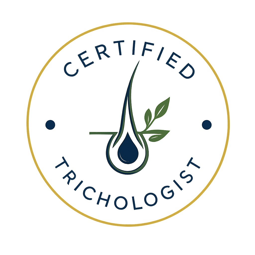 A circular certification badge with the words 'CERTIFIED TRICHOLOGIST' and a logo featuring a water droplet, a leaf, and a stylized hair strand.