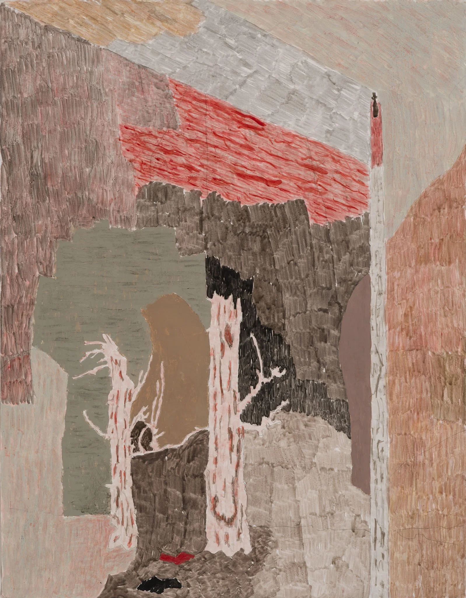 Three by Michon Week featuring trees, and powerlines in earthy tones, including black, gray, beige, and red.
