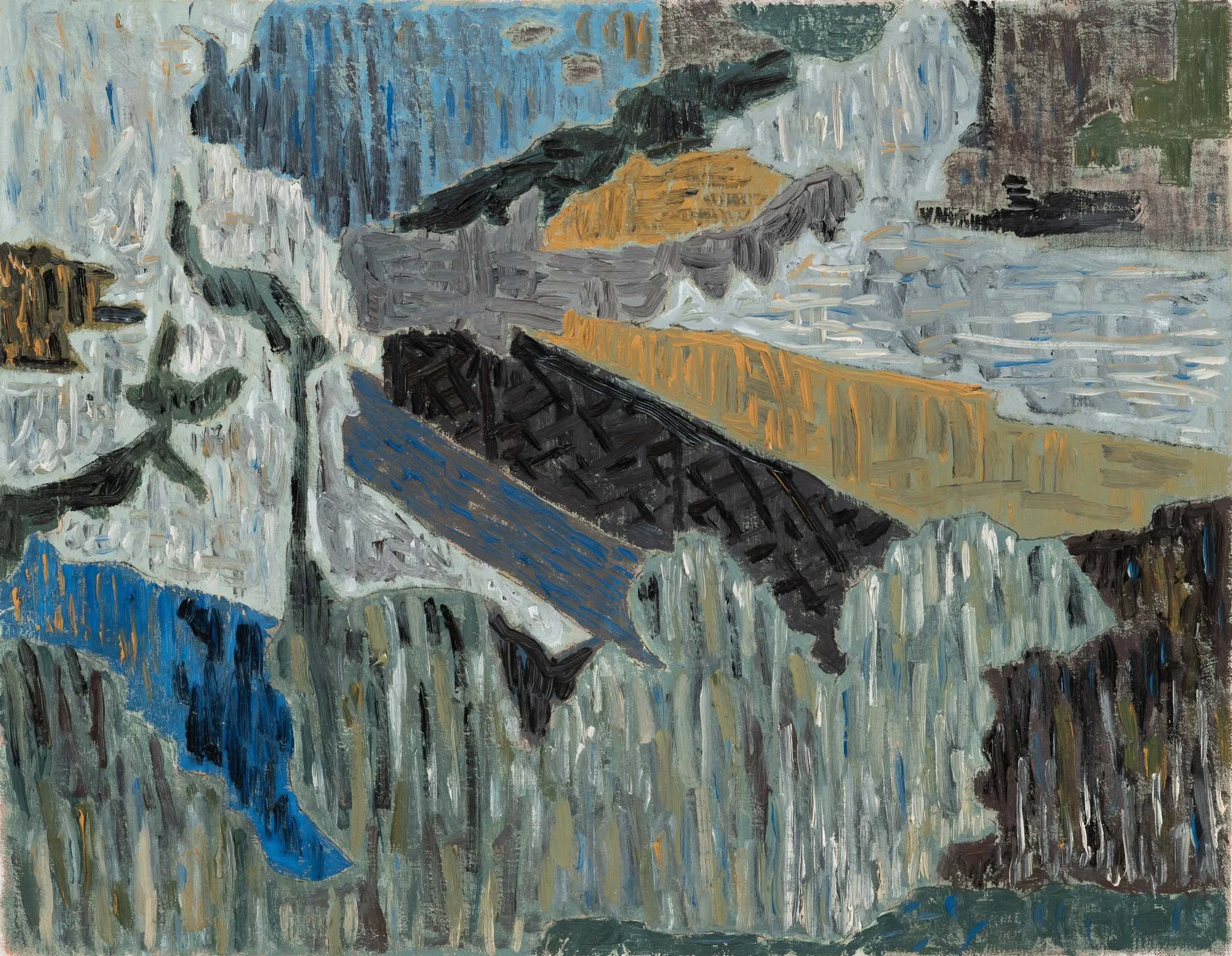 Fence by Michon Weeks, featuring rich, textured brushstrokes depicting trees and fence structures in shades of slate gray, blue, black, ochre, and white.