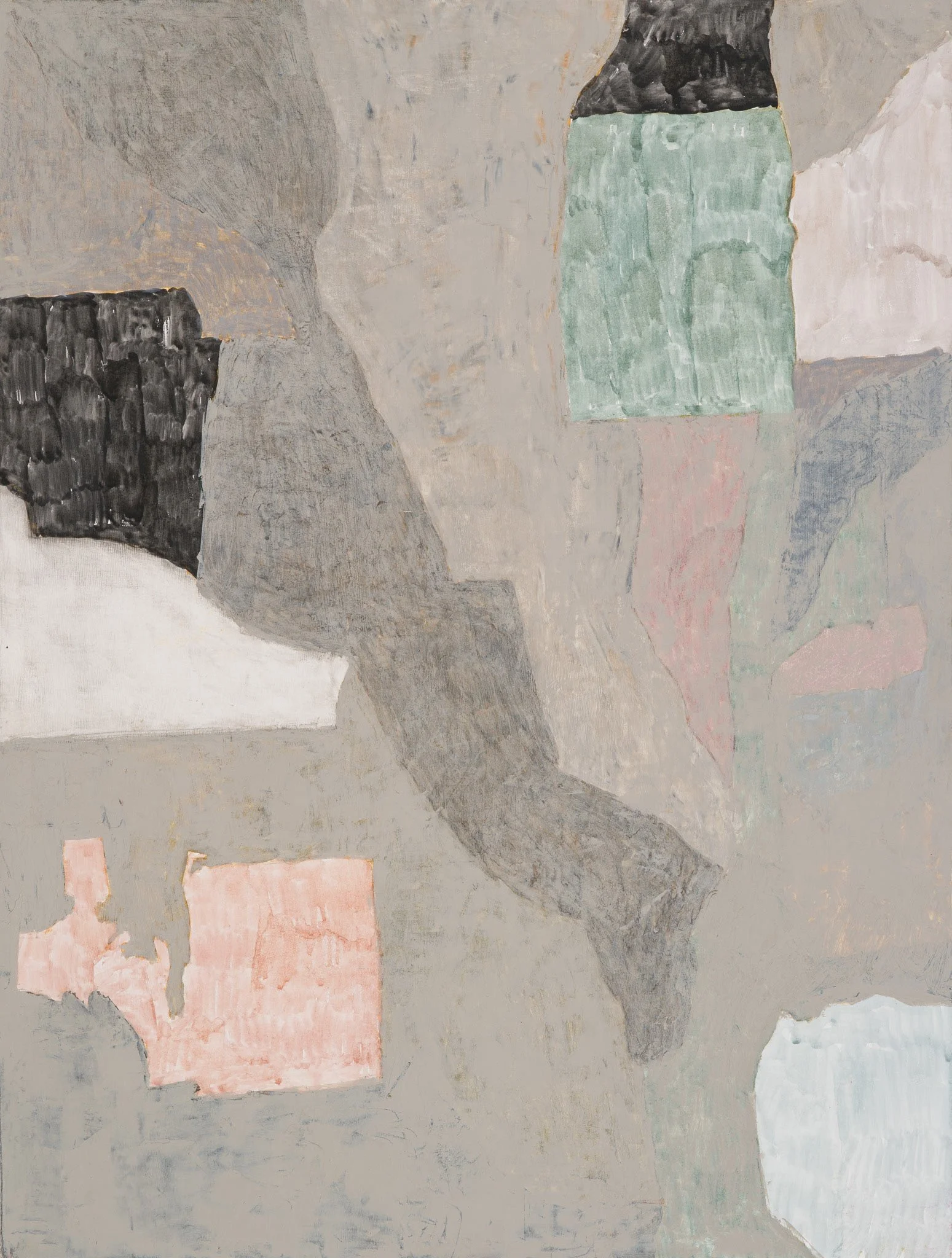 Air Conditioner by Michon Weeks, an abstract artwork with muted colors and various geometric shapes, including pink, black, gray, and white areas.