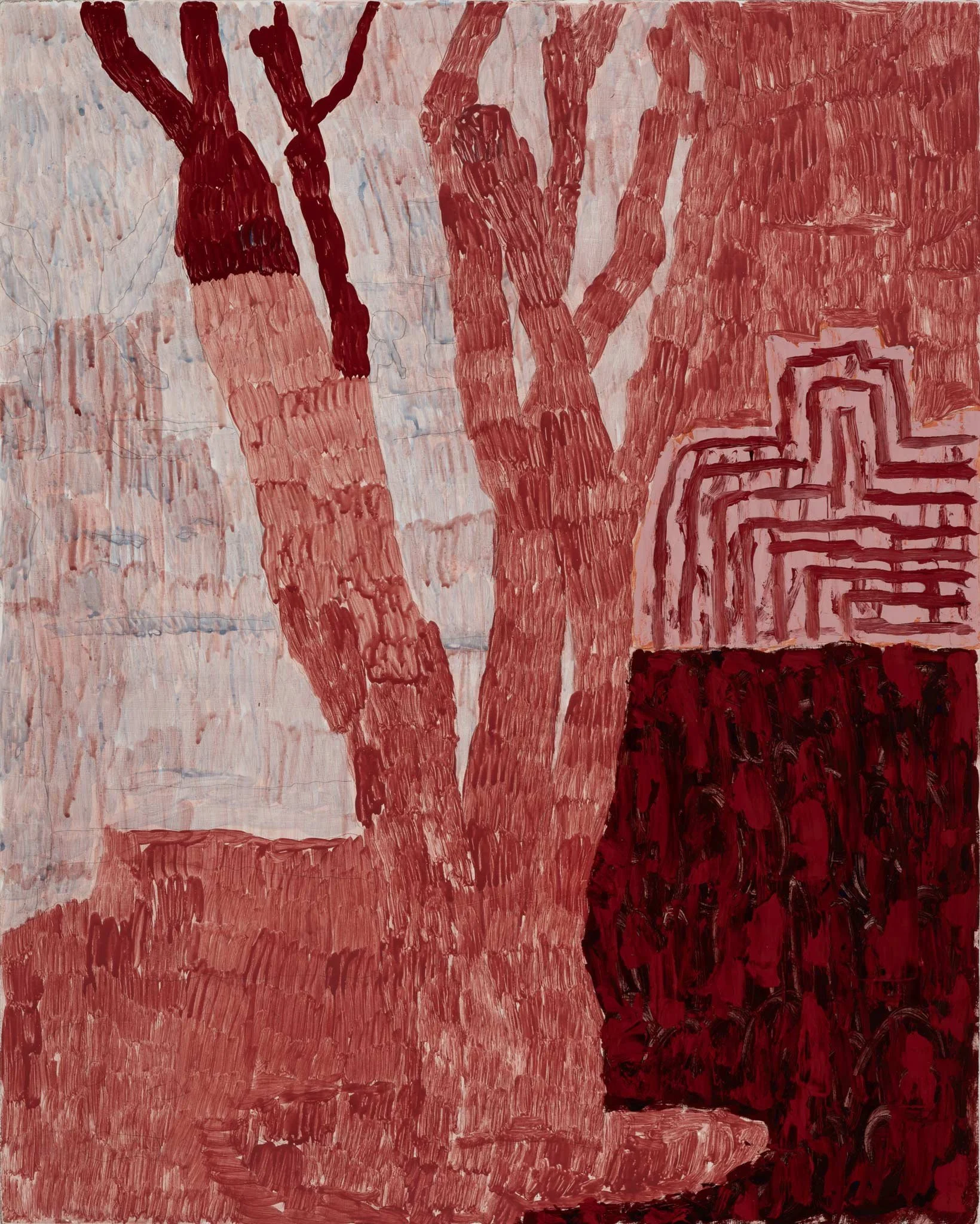 Lilac by Michon Weeks, featuring a red tree with a pattern of lines and blocks, with a red and black patterned foundation, and a background with light and dark red shades.