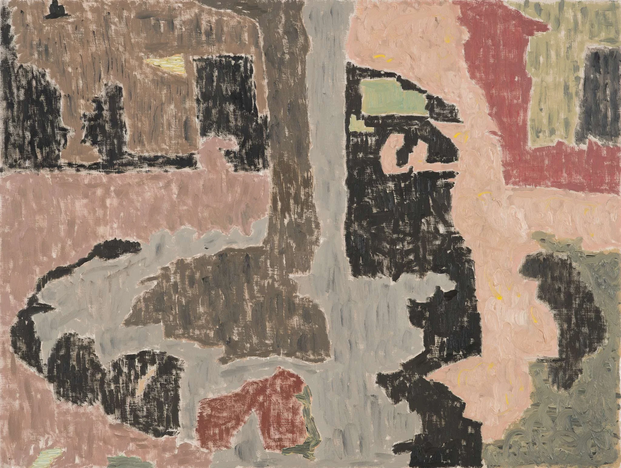 Stones by Michon Weeks, featuring a tree, rocks, and a building with various colors, including pink, black, gray, beige, and hints of yellow.