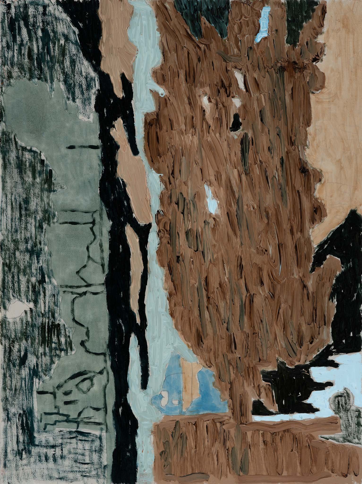 Column Maple by Michon Weeks, featuring trees and a streetscape with broad brushstrokes in colors of black, gray, light blue, brown, and beige.