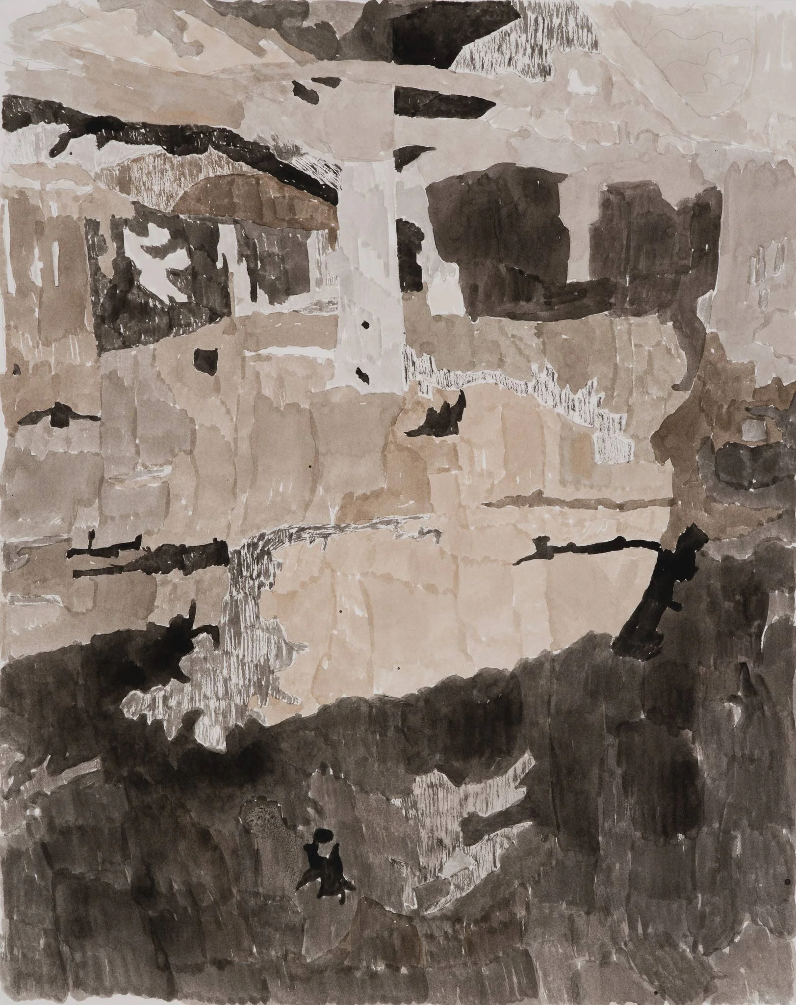 Canopy by Michon Weeks, featuring a tree-filled domestic landscape in tan, gray and black watercolor on paper.