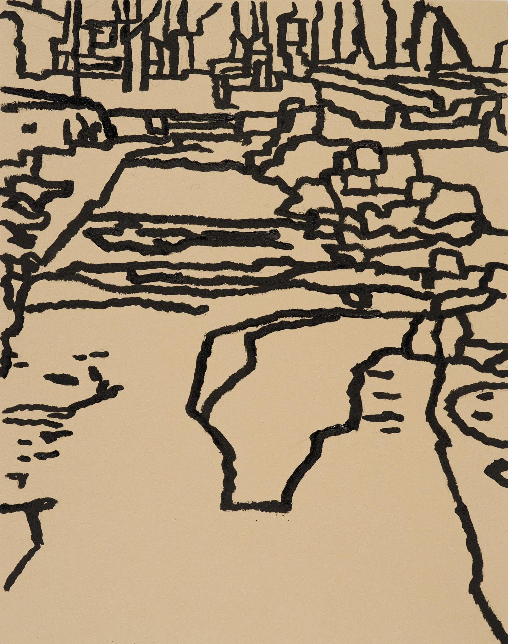 Bike Path by Michon Weeks, featuring an abstracted bike lane in winter in black ink on tan paper.