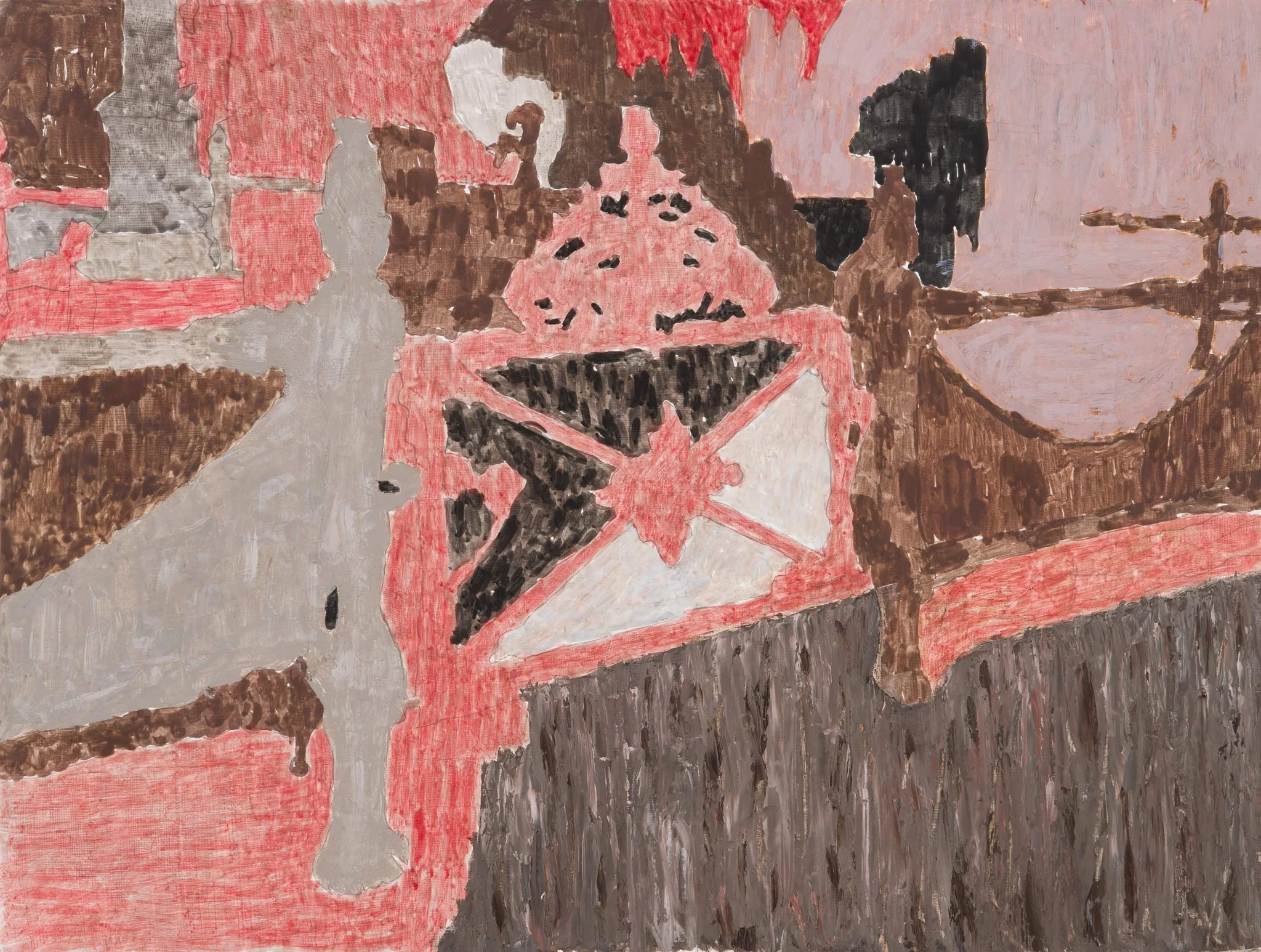 Gate by Michon Weeks, featuring a gate, tombstones, and trees in oil paint with a mix of pink, gray, brown, and black colors in a pattern.