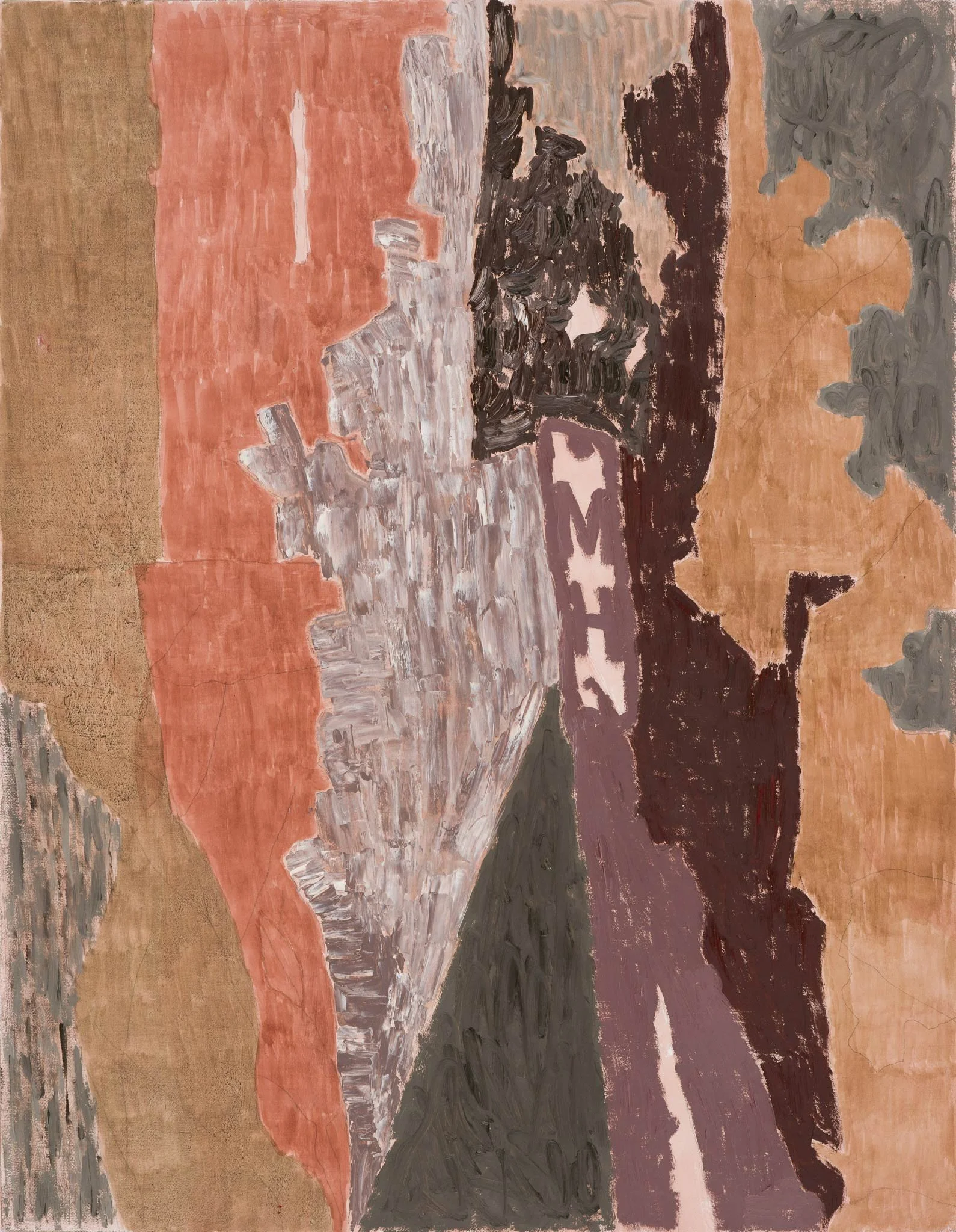 M-H by Michon Weeks, an abstract painting with large, rough, vertical brushstrokes in shades of beige, pink, gray, black, and maroon, with some areas of textured paint and visible cracks.