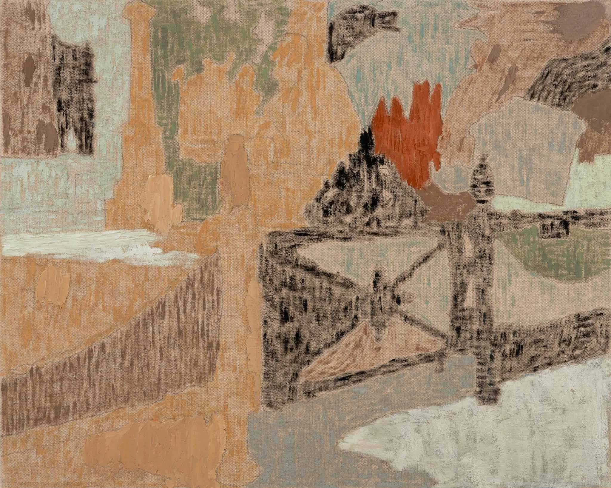 Gate II by Michon Weeks, featuring a gate, tombstones, and trees in oil paint on linen canvas with a mix of pastel shades, black, and earthy colors.
