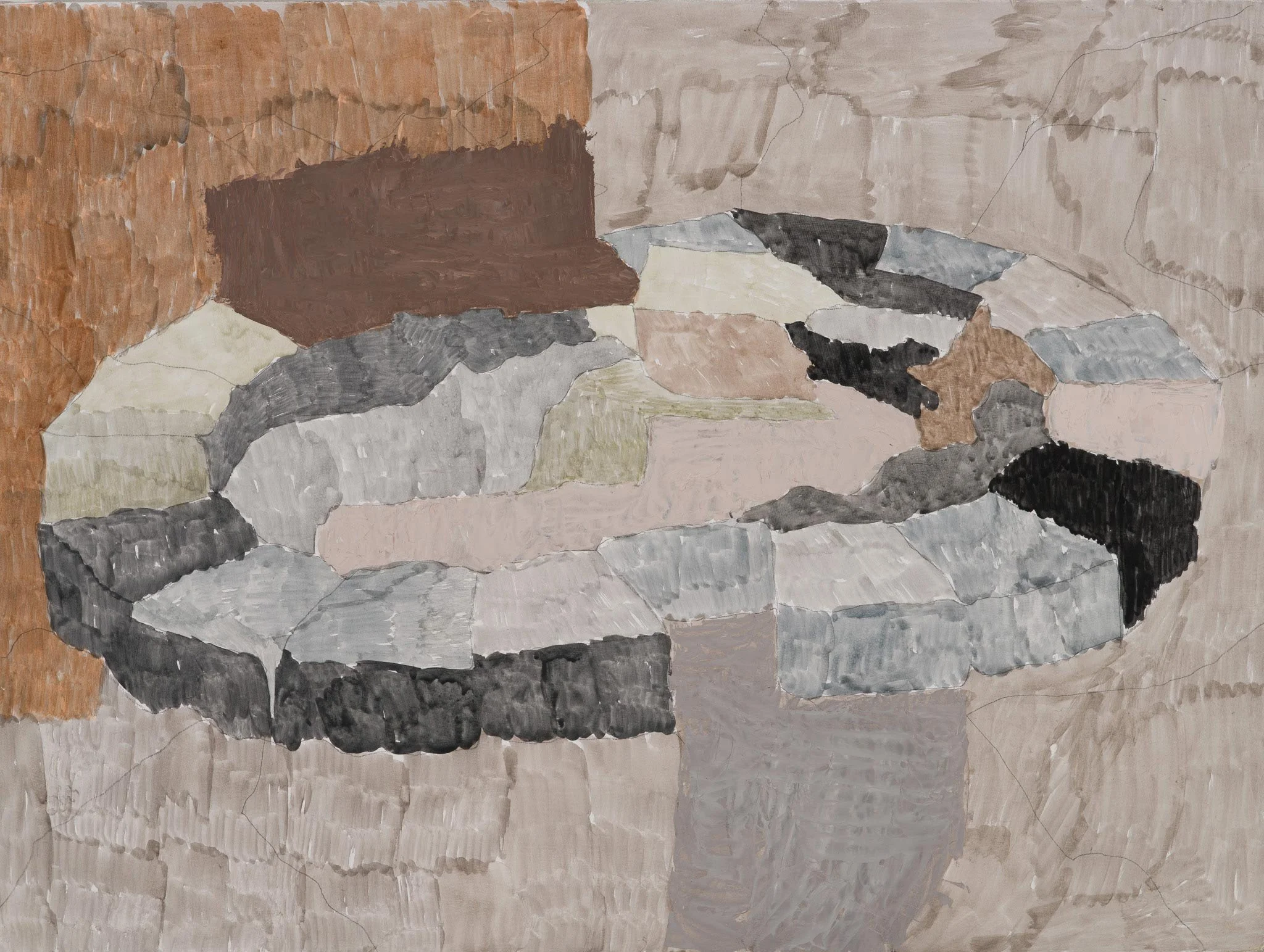 Pit by Michon Weeks, featuring a fire pit with earthy tones, featuring layered brushstrokes of browns, blacks, grays, and beiges, creating a textured and geometric composition.