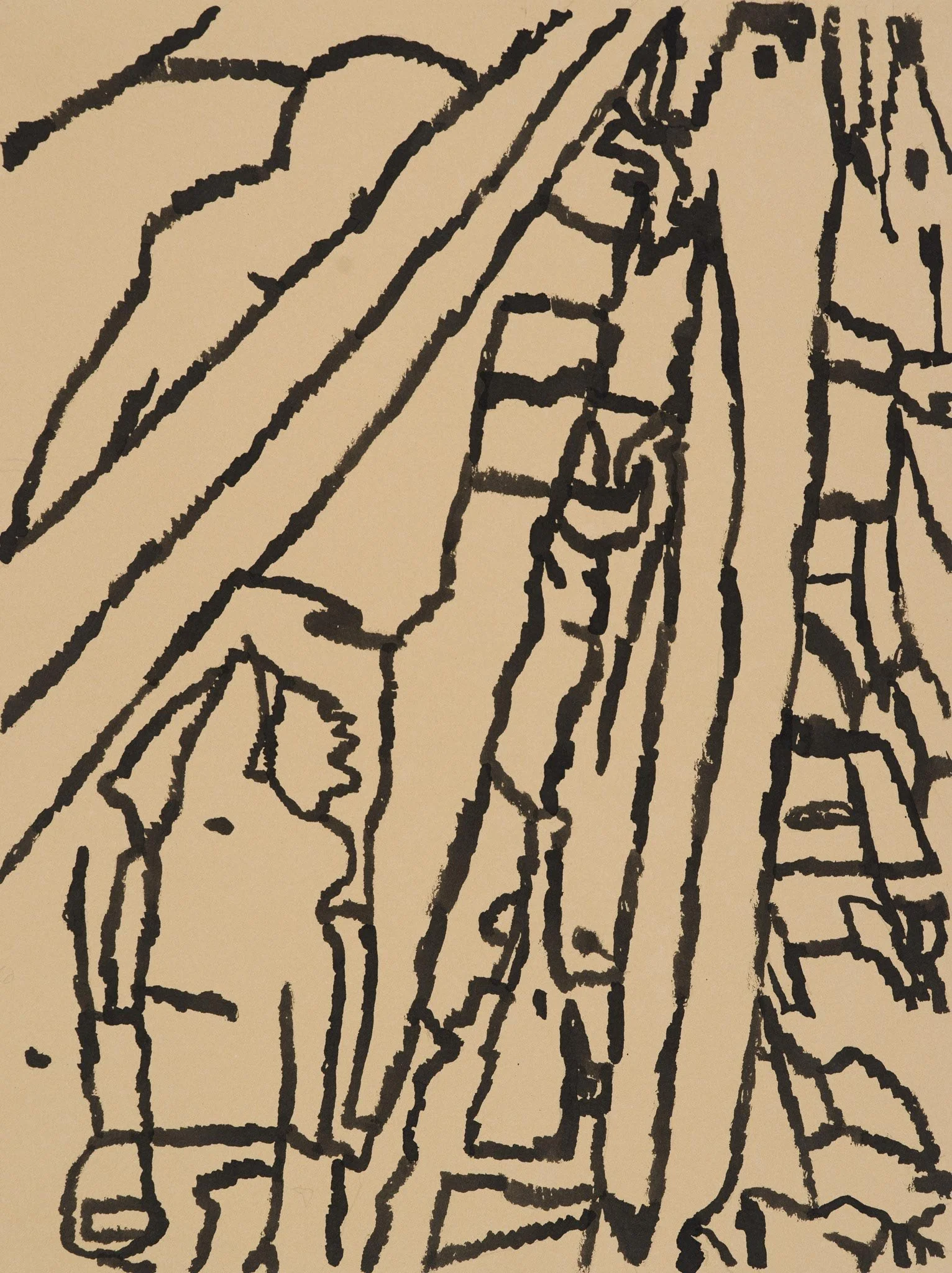 Hoodie by Michon Weeks, featuring a figure by a utility pole in black ink on tan paper.