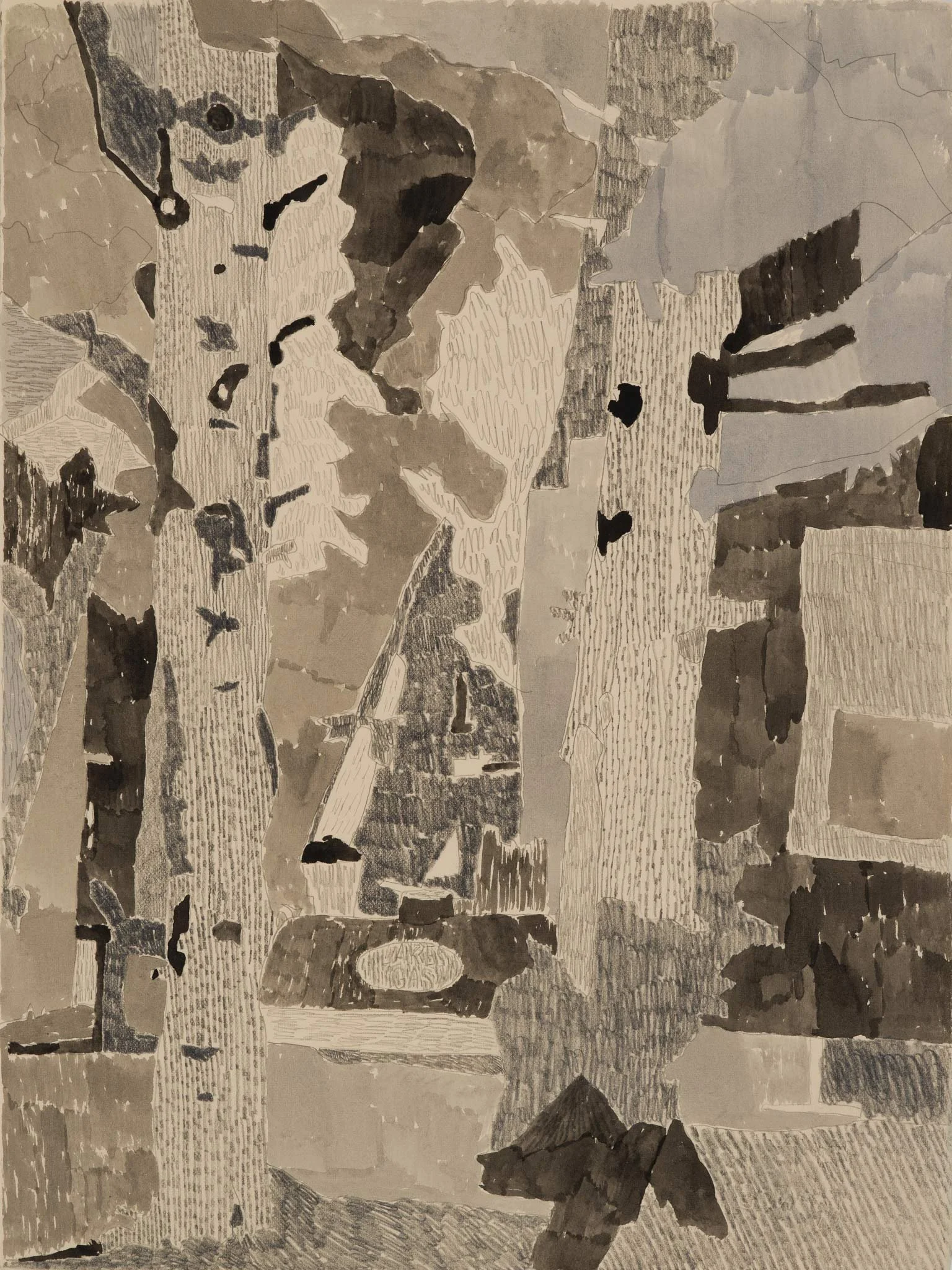 Propane by Michon Weeks, featuring a propane tank and trees in black and gray watercolor and pencil on tan paper.