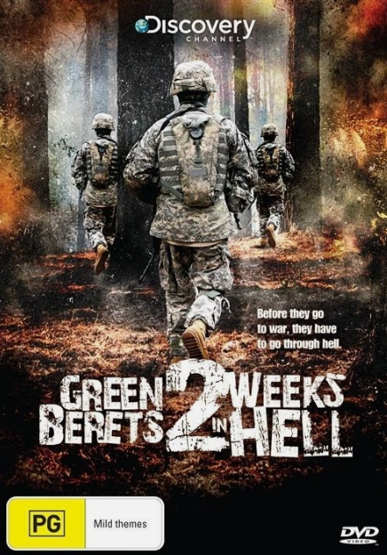 Military soldiers walking through a fiery, hellish landscape with a dark, smoky background, promoting a Discovery Channel documentary titled 'Green Berets in Hell'.
